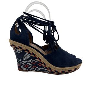 Cabi Sandal Women 7.5 Navy Suede Dedge Beads Espadrille Wedge Boho Aztec Lace Up